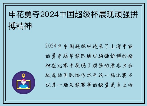申花勇夺2024中国超级杯展现顽强拼搏精神